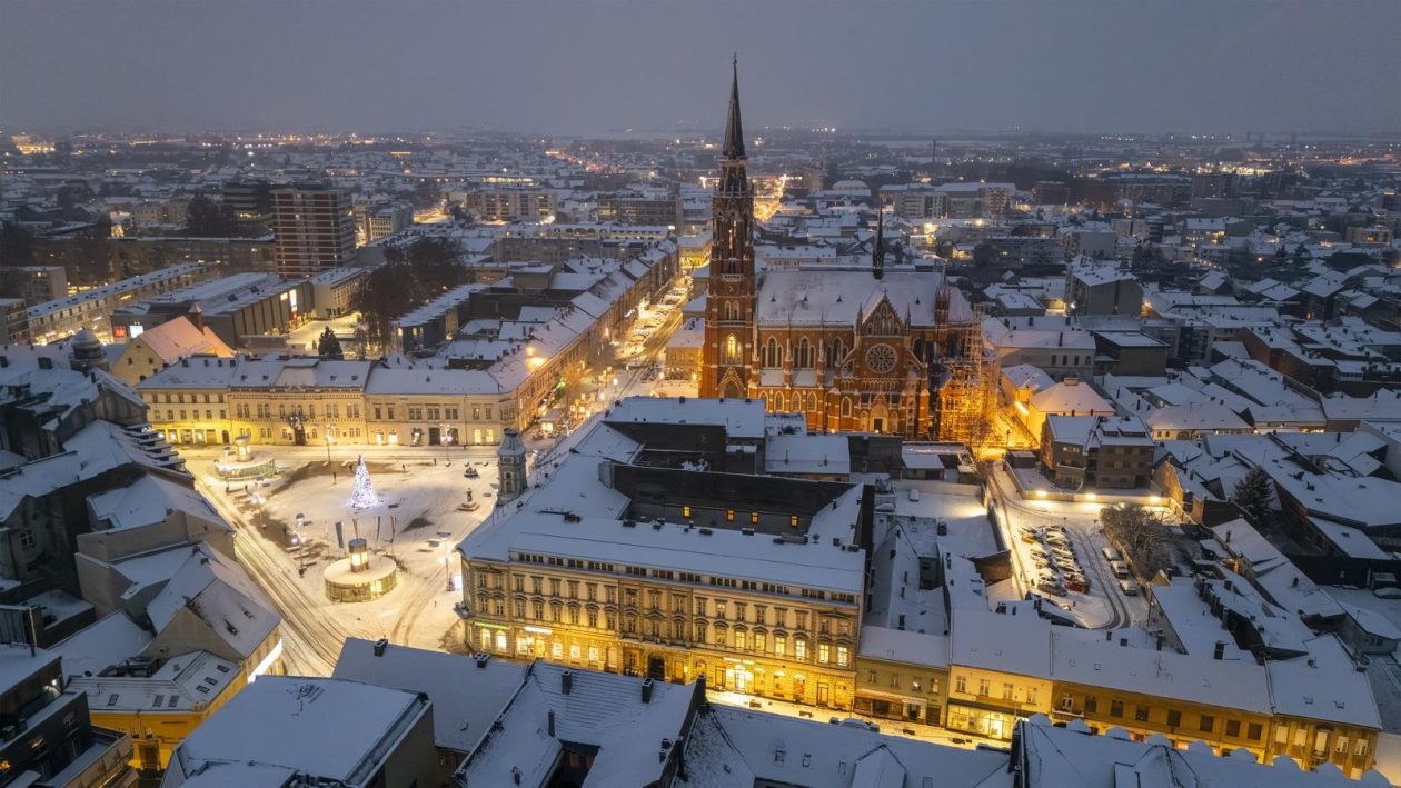 pogled iz zraka nad osijek pod snijegom