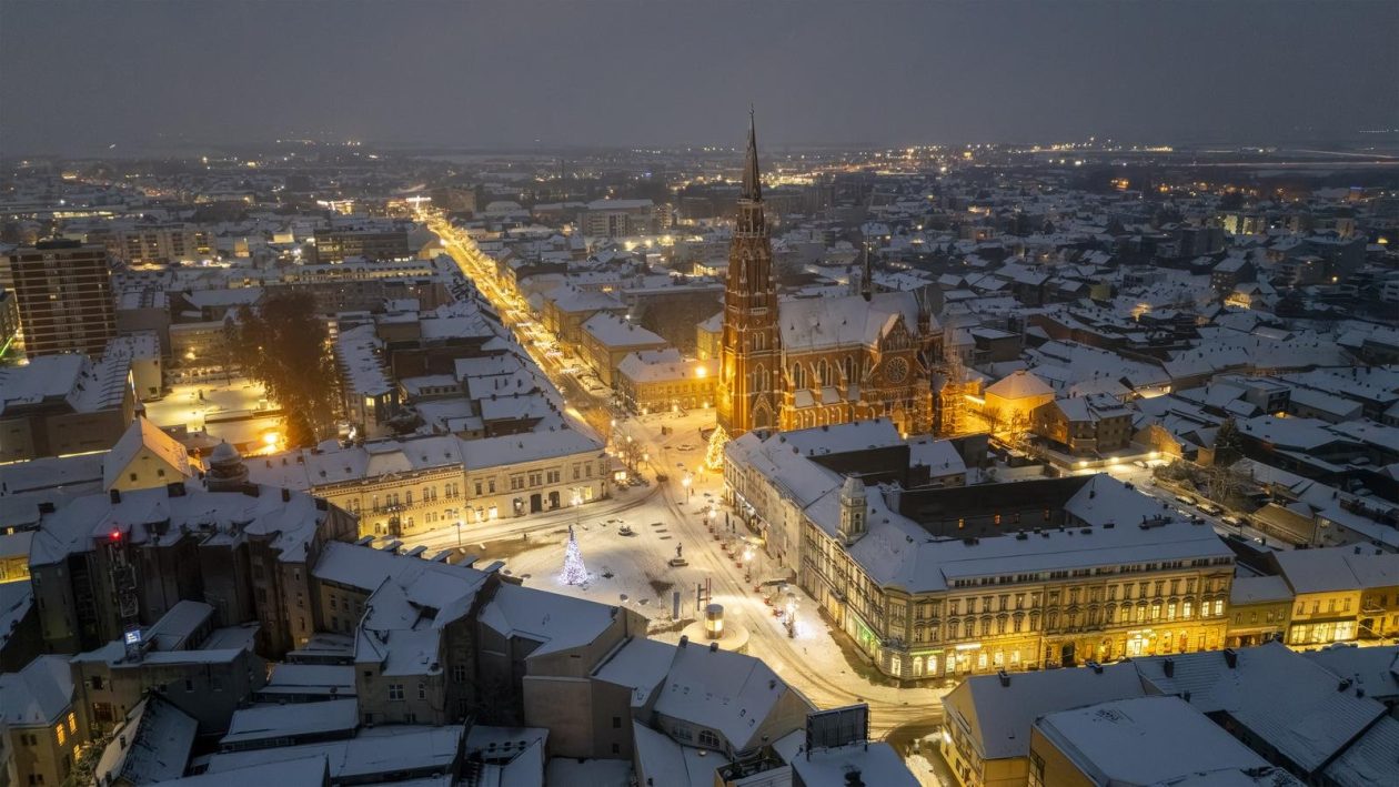 pogled iz zraka nad osijek pod snijegom